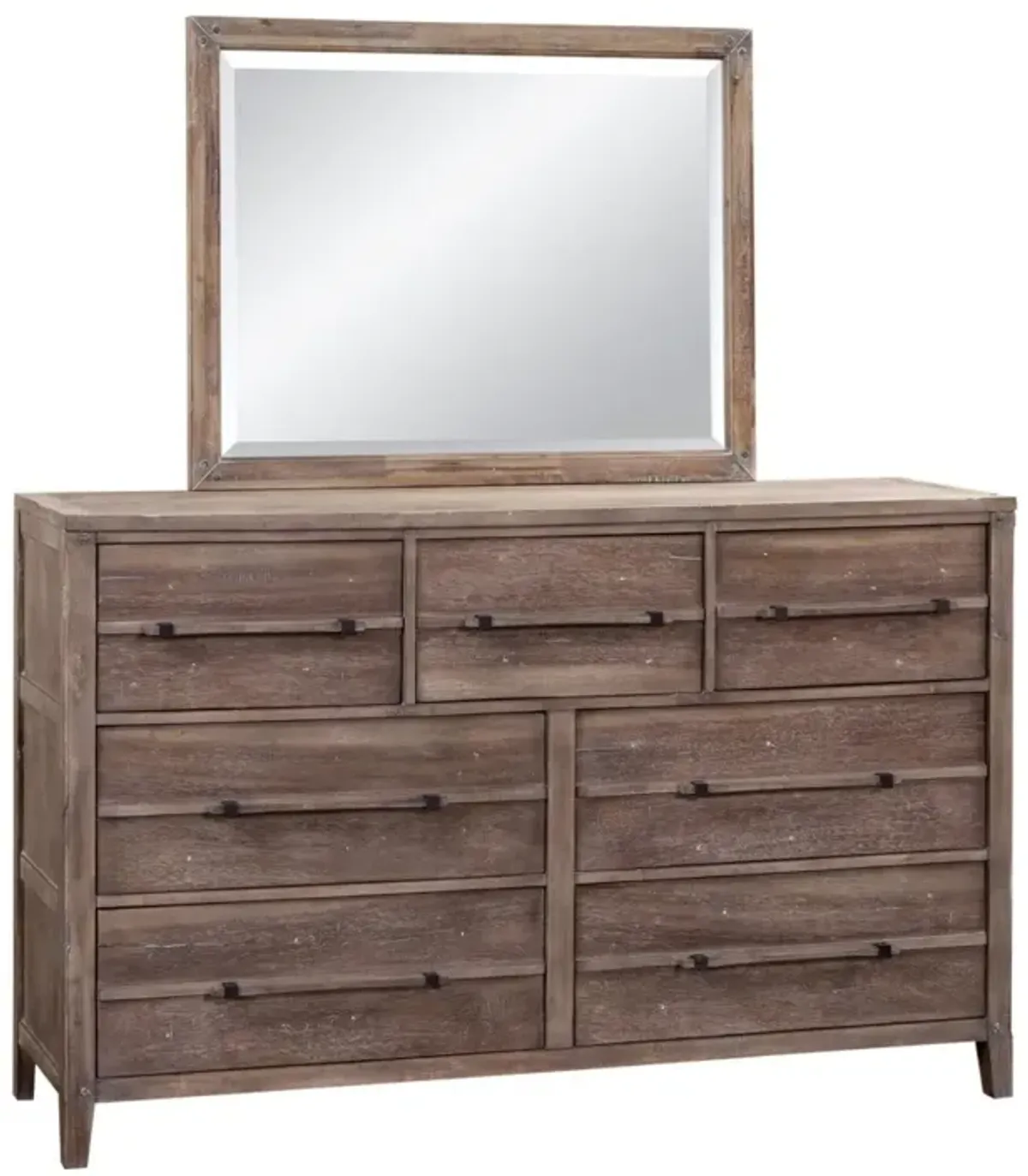 American Woodcrafters Complete Queen Bedroom Set Grey Panel Bed, Dresser, Mirror & Nightstand Weathered Grey Aurora