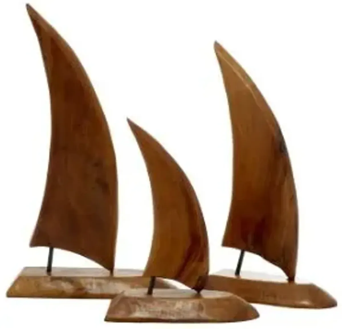 UMA Home Decor Brown Teak Wood Sail Boat Handmade Sculpture Set of 3 20" & 17" & 13"