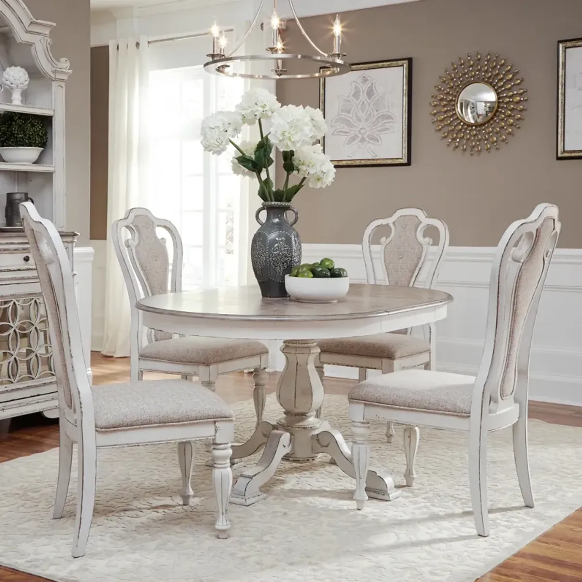 Liberty Furniture 5-Piece White Weathered Bark Pedestal Dining Table Set Magnolia Manor