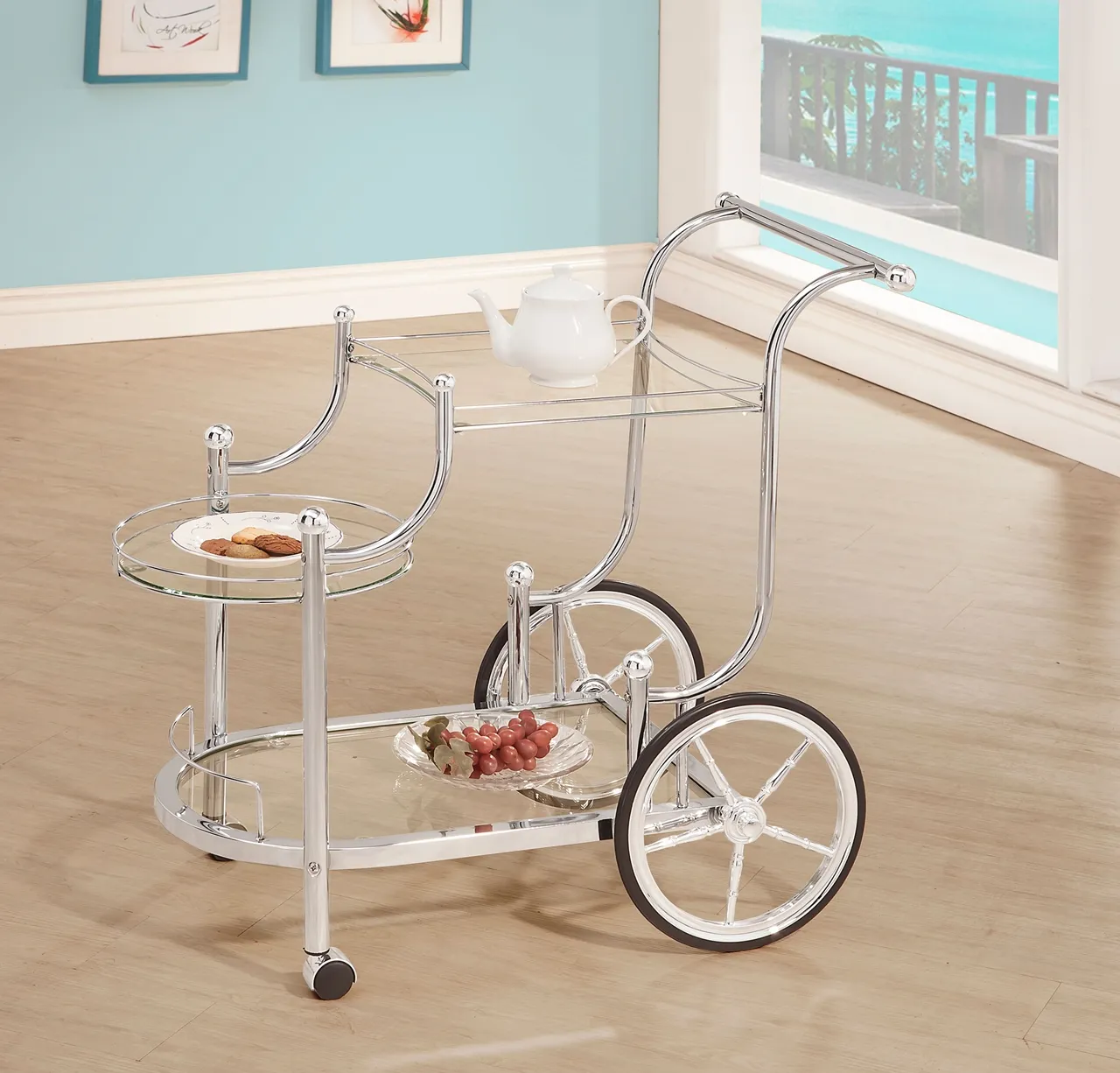 TRADITIONAL CHROME & GLASS SERVING CART