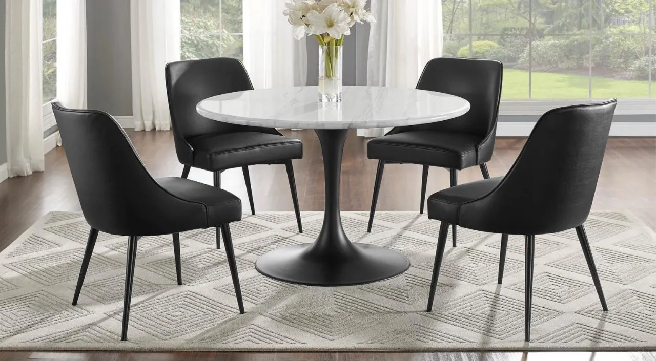 5 PIECE COLFAX WHITE MARBLE TABLE TOP/BLACK BASE W/4 BLACK SIDE CHAIRS