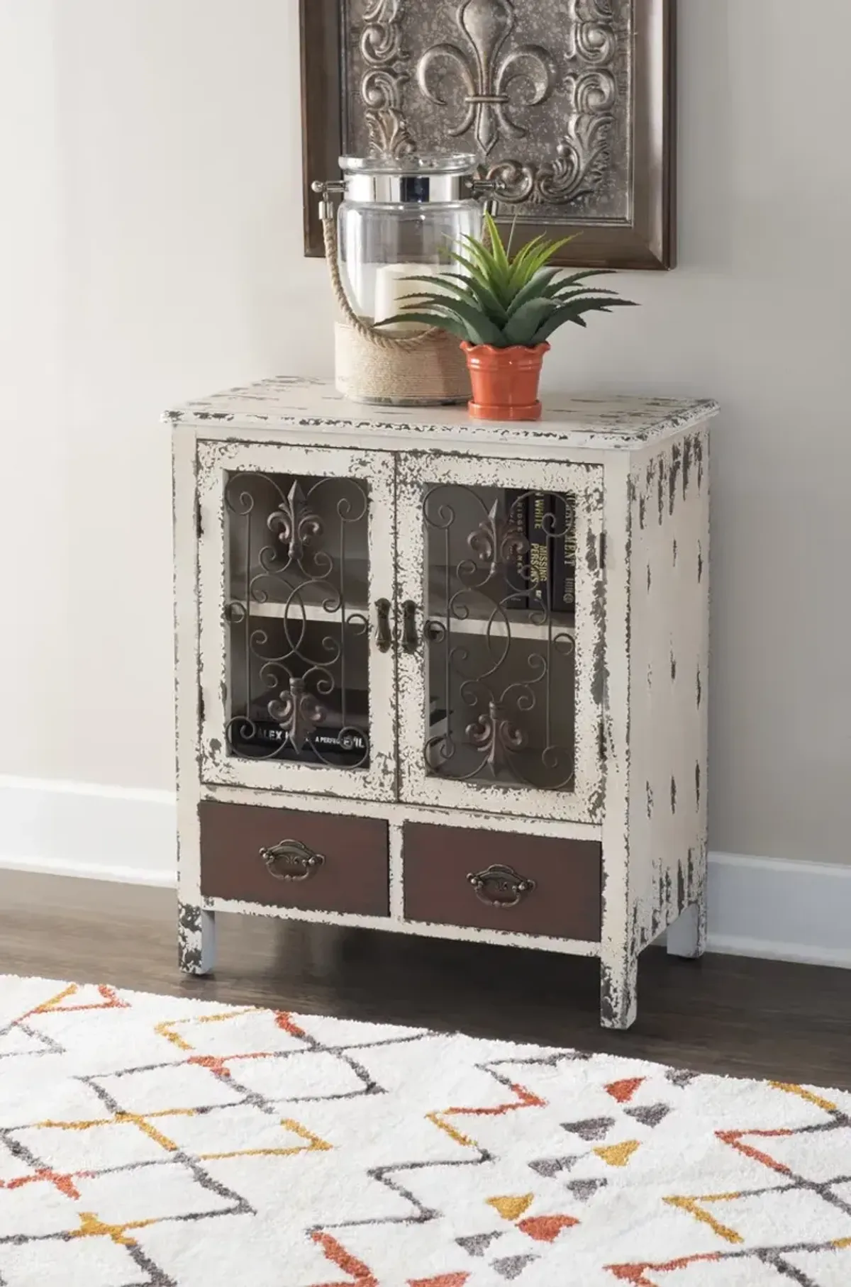 Powell Parcel Antiqued White Console Table Accent Cabinet