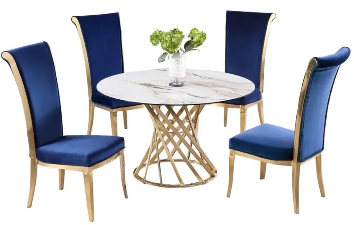 Chintaly Tracy Blue/Brushed Gold Dining Set with Sintered Stone Top Golden Base & High Back Side Chairs