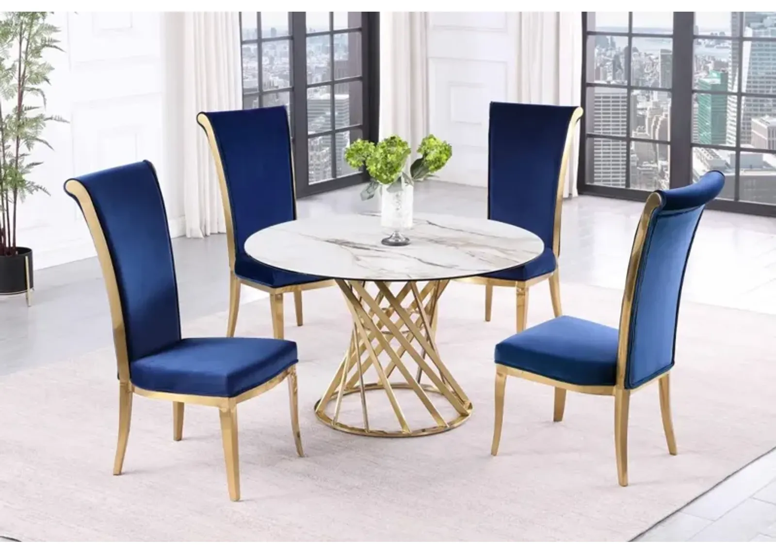 Chintaly Tracy Blue/Brushed Gold Dining Set with Sintered Stone Top Golden Base & High Back Side Chairs