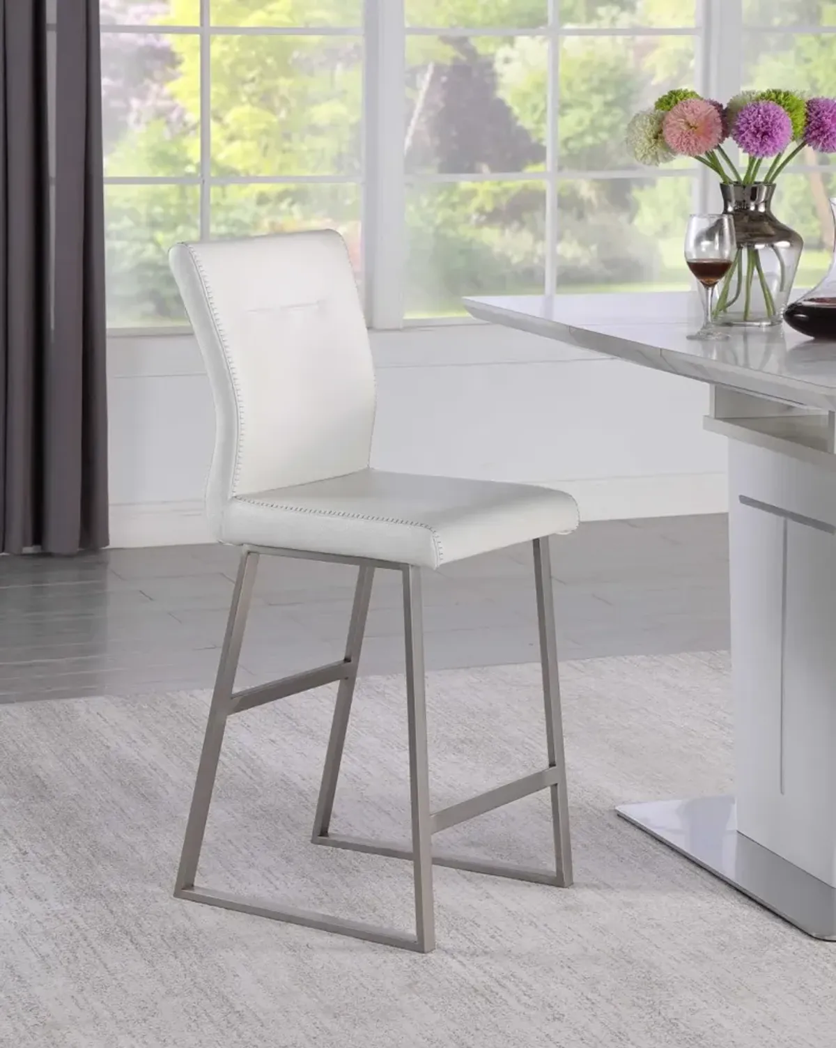 Chintaly Gwen White Contemporary Counter-Height Stool with Highlight Stitching