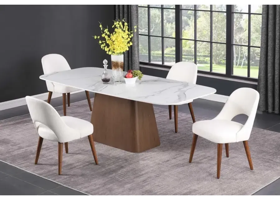 KENZA MODERN MARBLEIZED SINTERED STONE TOP DINING TABLE & WOODEN LEGGED CHAIRS