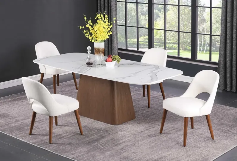 KENZA MODERN MARBLEIZED SINTERED STONE TOP DINING TABLE & WOODEN LEGGED CHAIRS