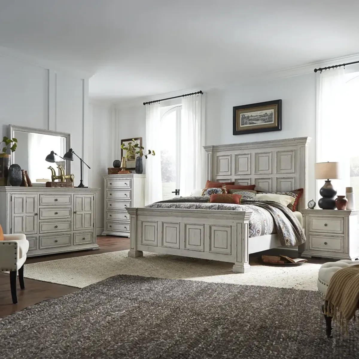 Liberty Furniture Complete King Bedroom Set Panel White Bed, Dresser, Mirror, Chest & Nightstand Big Valley