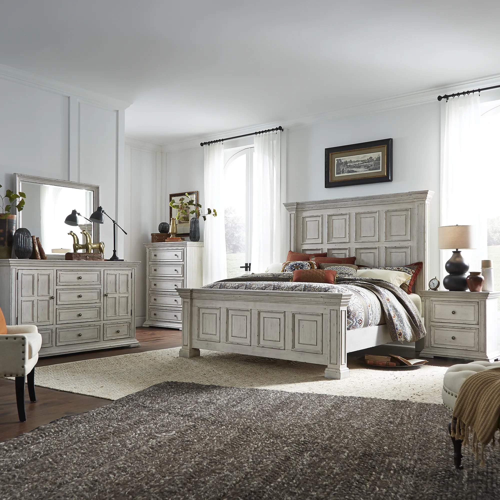 KING PANEL BED DRESSER & MIRROR CHEST NIGHT STAND - BIG VALLEY