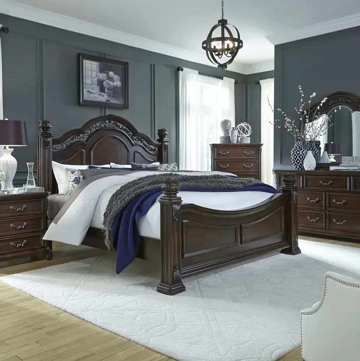 Complete King Bedroom Set - Poster Bed, Dresser, Mirror & Nightstand - Messina Estates