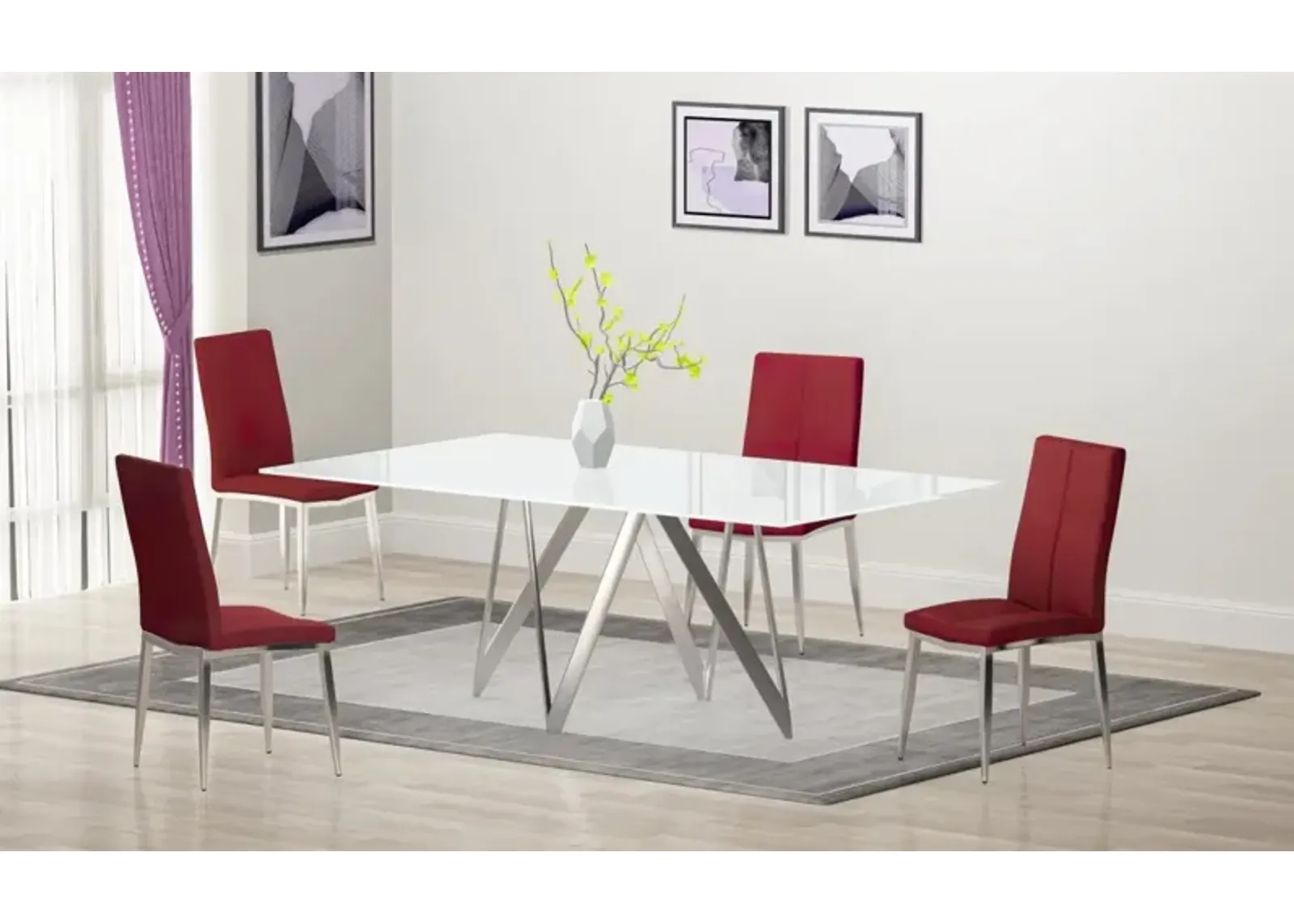 ABIGAIL RED MODERN DINING SET WITH WHITE GLASS TABLE & 4 CHAIRS