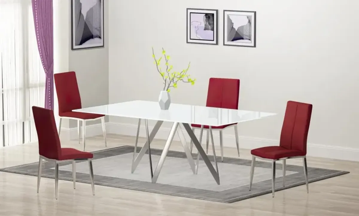 ABIGAIL RED MODERN DINING SET WITH WHITE GLASS TABLE & 4 CHAIRS