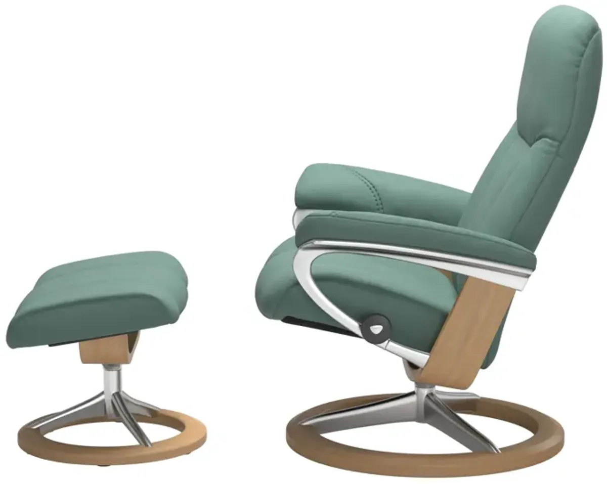 Stressless Consul Small Chair & Ottoman Signature Base in Polished Aluminum with Paloma Aqua Green Leather & Oak Finish