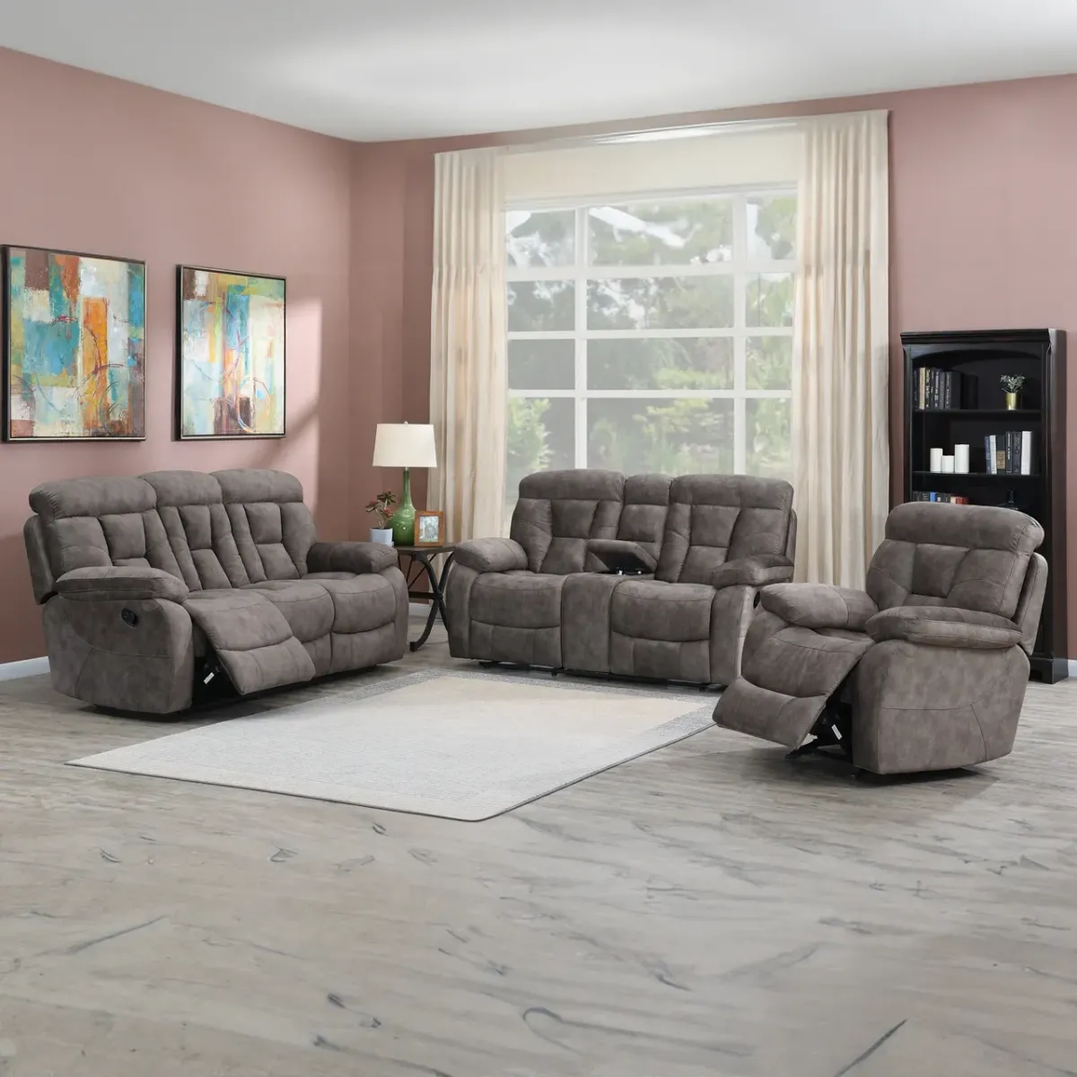 Steve Silver Bogata 3-Piece Manual Reclining Fabric Sofa, Loveseat & Recliner Set In Majestic Mushroom