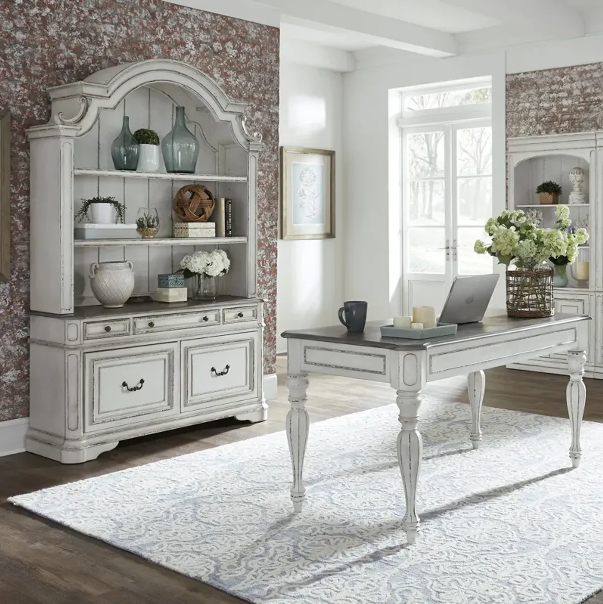 Liberty Furniture Magnolia Manor 3-Piece Antique White/Weathered Bark Desk & Hutch Set