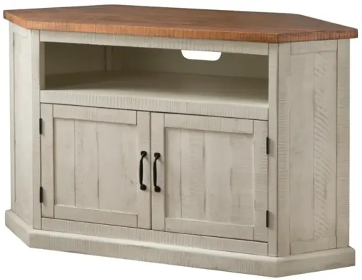 Martin Svensson Rustic Corner TV Stand in Antique White & Honey