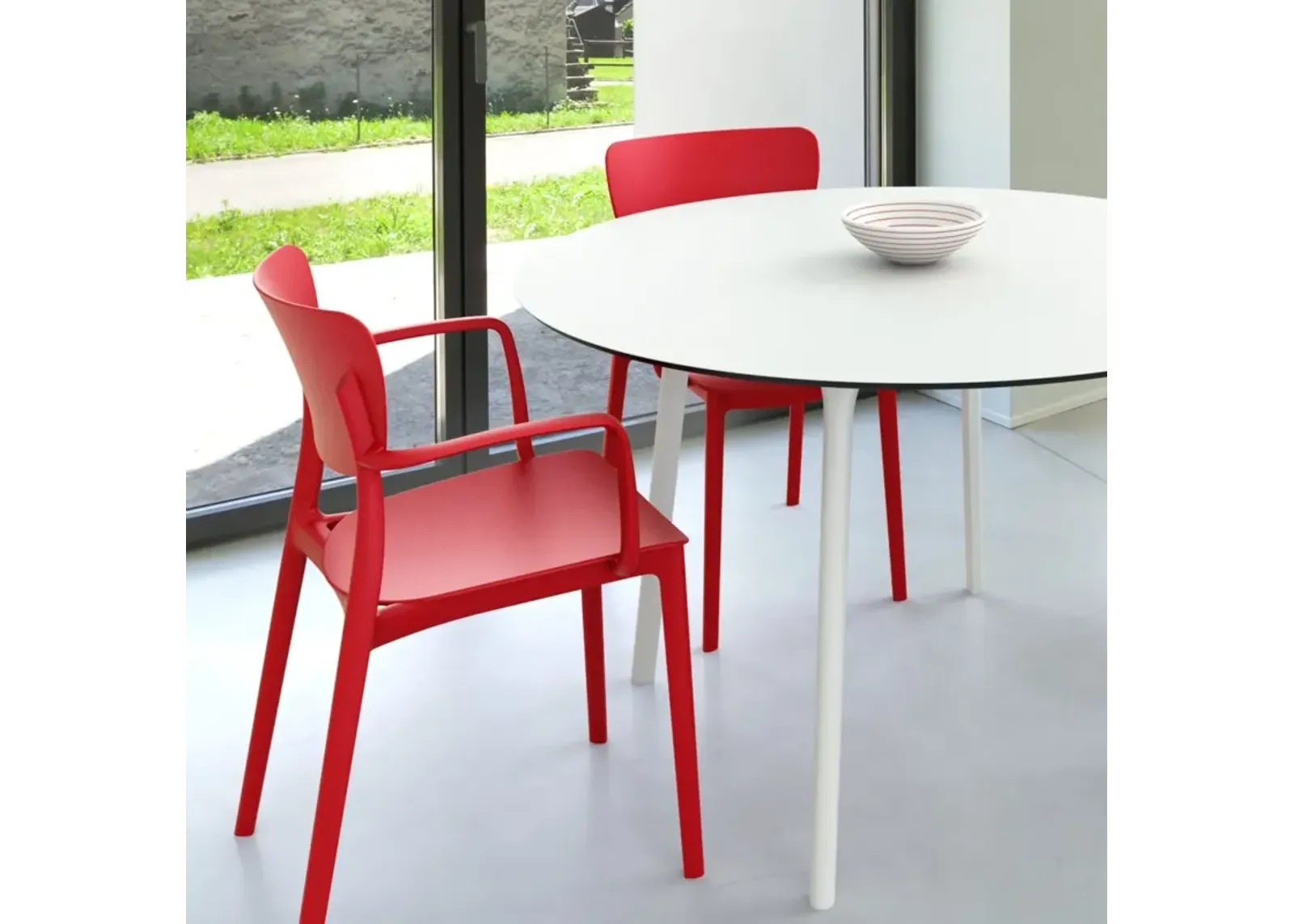 Compamia 47 Inch Lisa Round Outdoor Dining Set with White Table & Red Armchairs