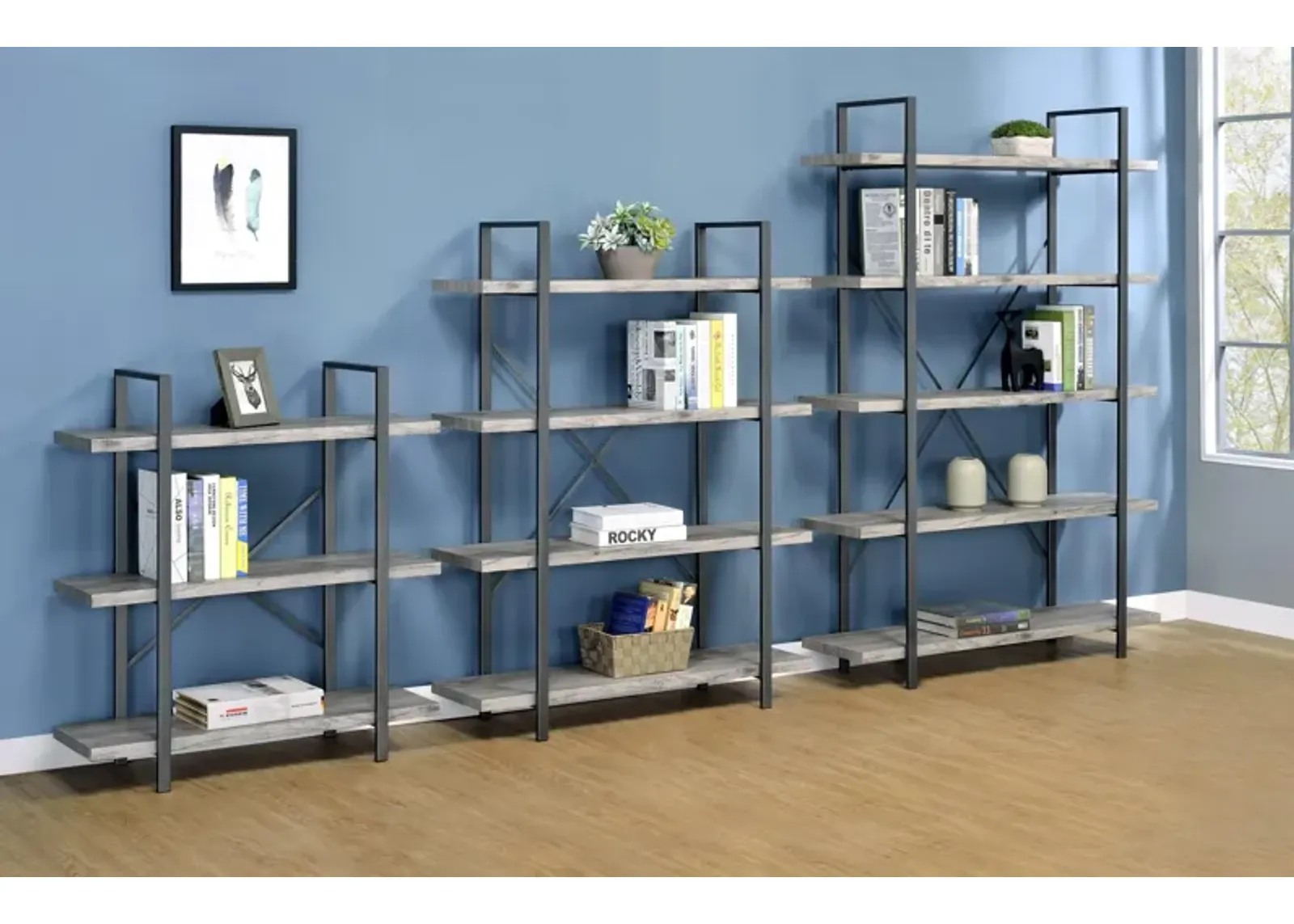 Coaster Cole 55 Inch 4-Shelf Bookshelf Grey Driftwood & Gunmetal