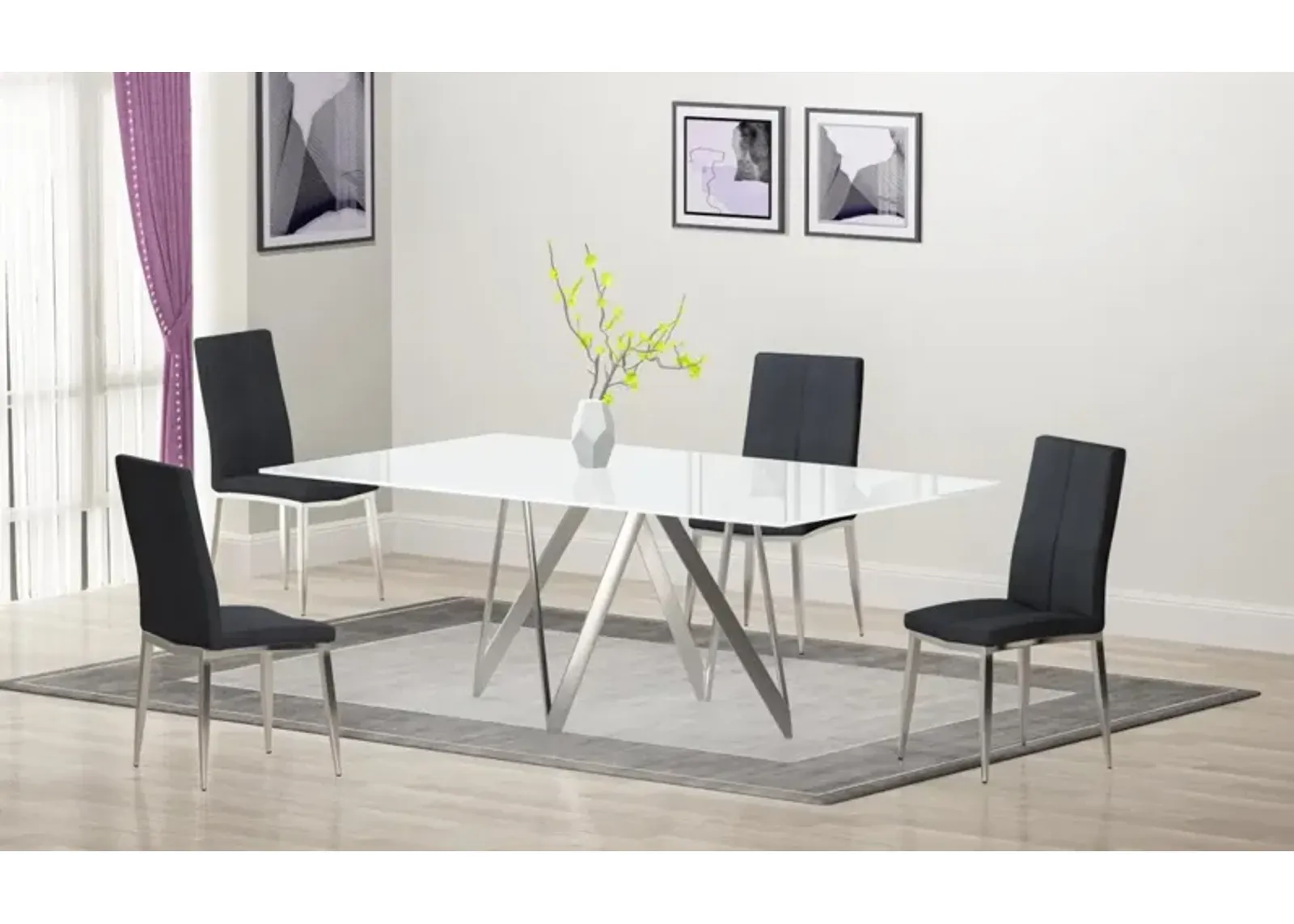 Chintaly Abigail Modern Dining Set with White Glass Table & 4 Chairs