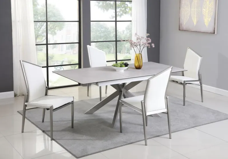 NALA WHITE DINING SET WITH POP-UP EXTENDABLE CERAMIC TOP TABLE & 4 MOTION CHAIRS