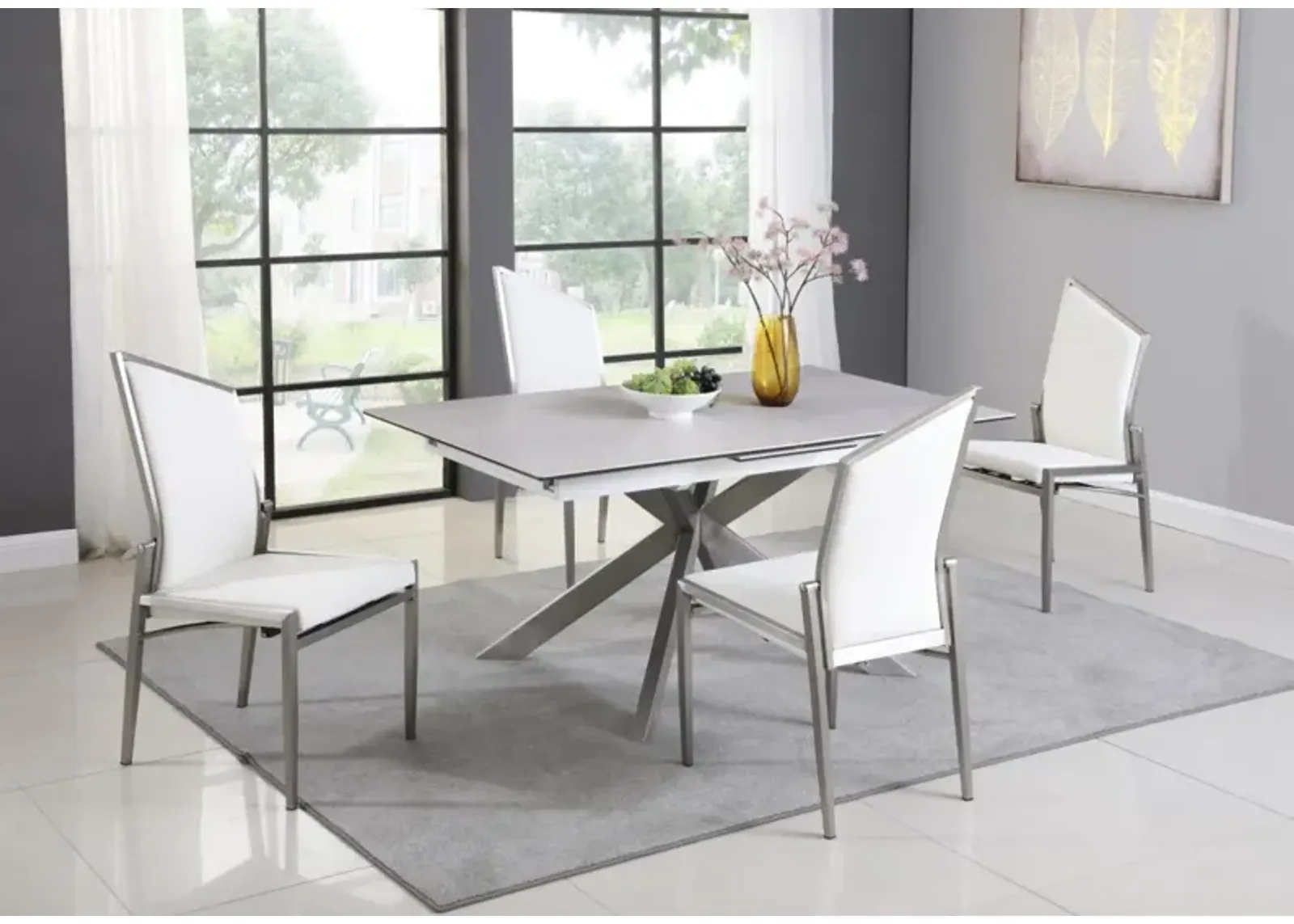 Chintaly Nala White Dining Set with Pop-Up Extendable Ceramic Top Table & 4 Motion Chairs