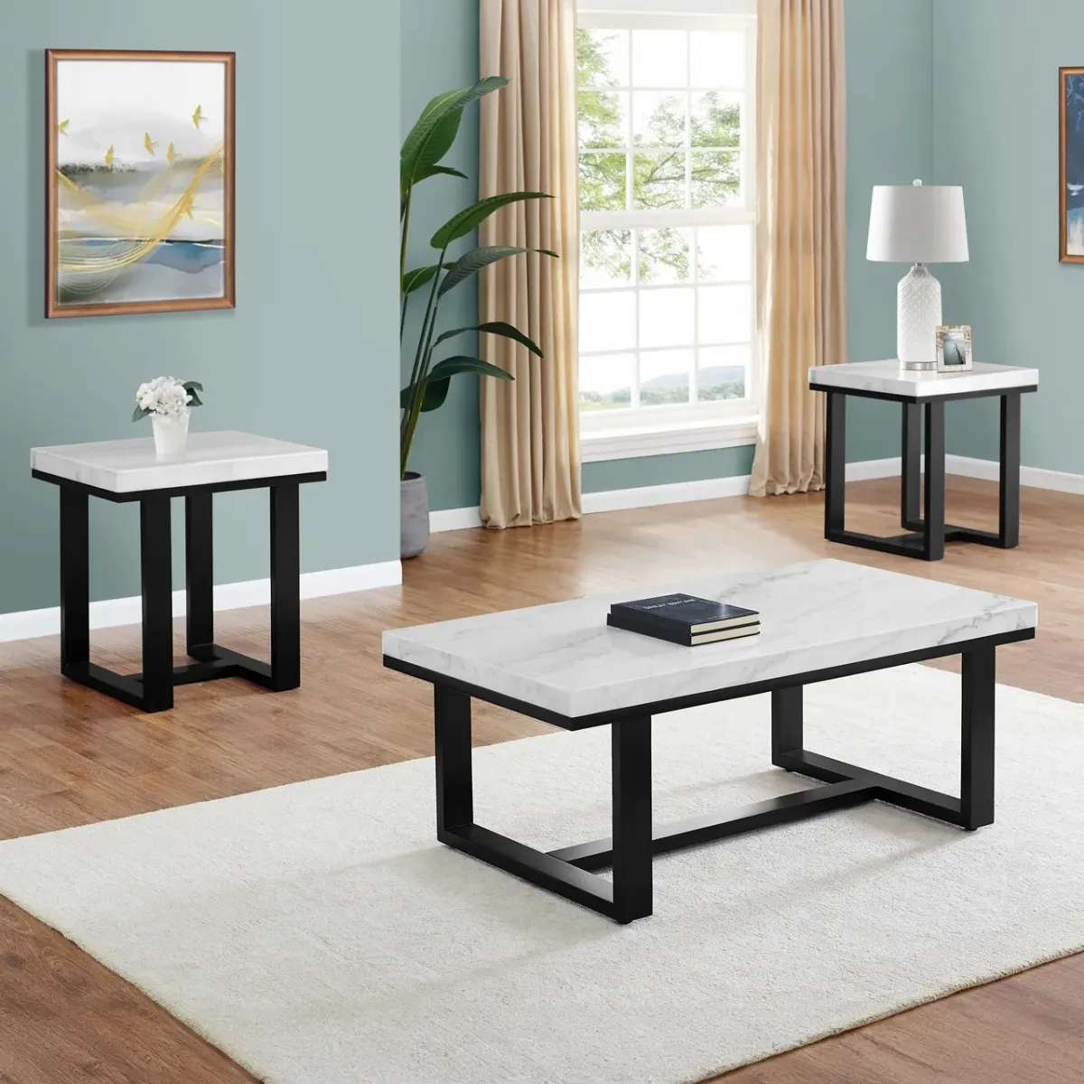 Steve Silver Lucca 3-Piece White Marble Top Cocktail Table & 2 End Tables Set In Deep Espresso