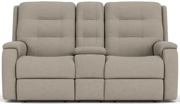 Flexsteel Arlo Fossil Fabric Power Headrest Reclining Console Loveseat with Lumbar