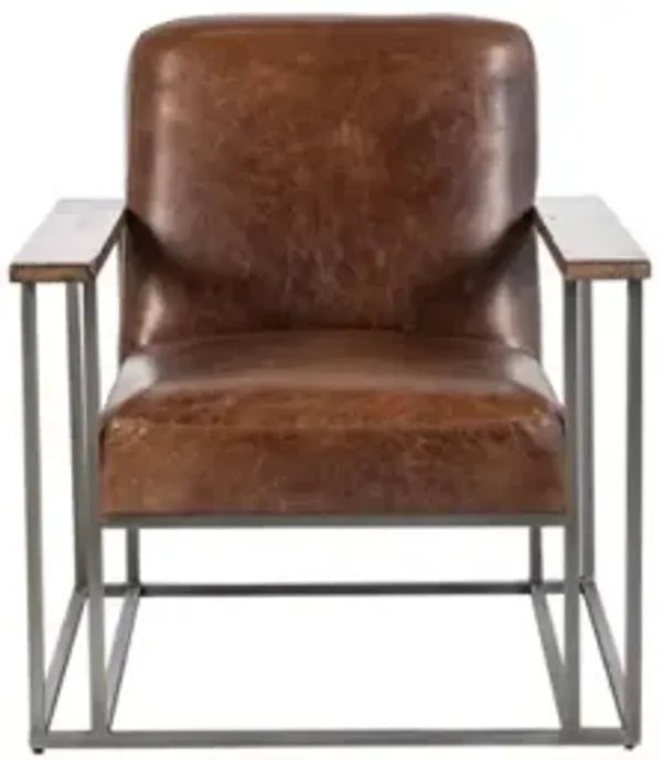 ANTIQUE NATURAL/NICKEL PLATING/BROWN LEATHER GLENDALE ACCENT CHAIR