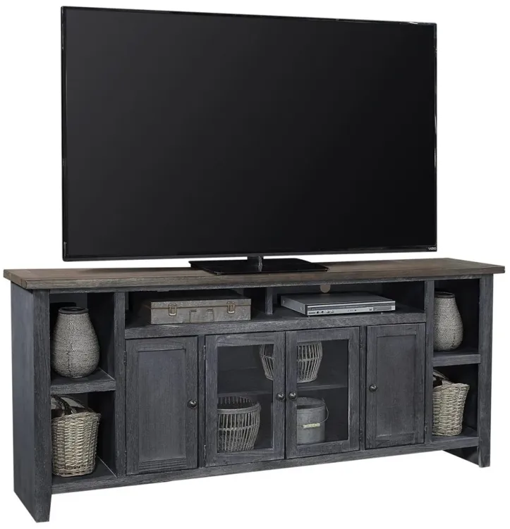 EASTPORT DRIFTED BLACK 84 INCH TV STAND CONSOLE WITH 4 DOORS