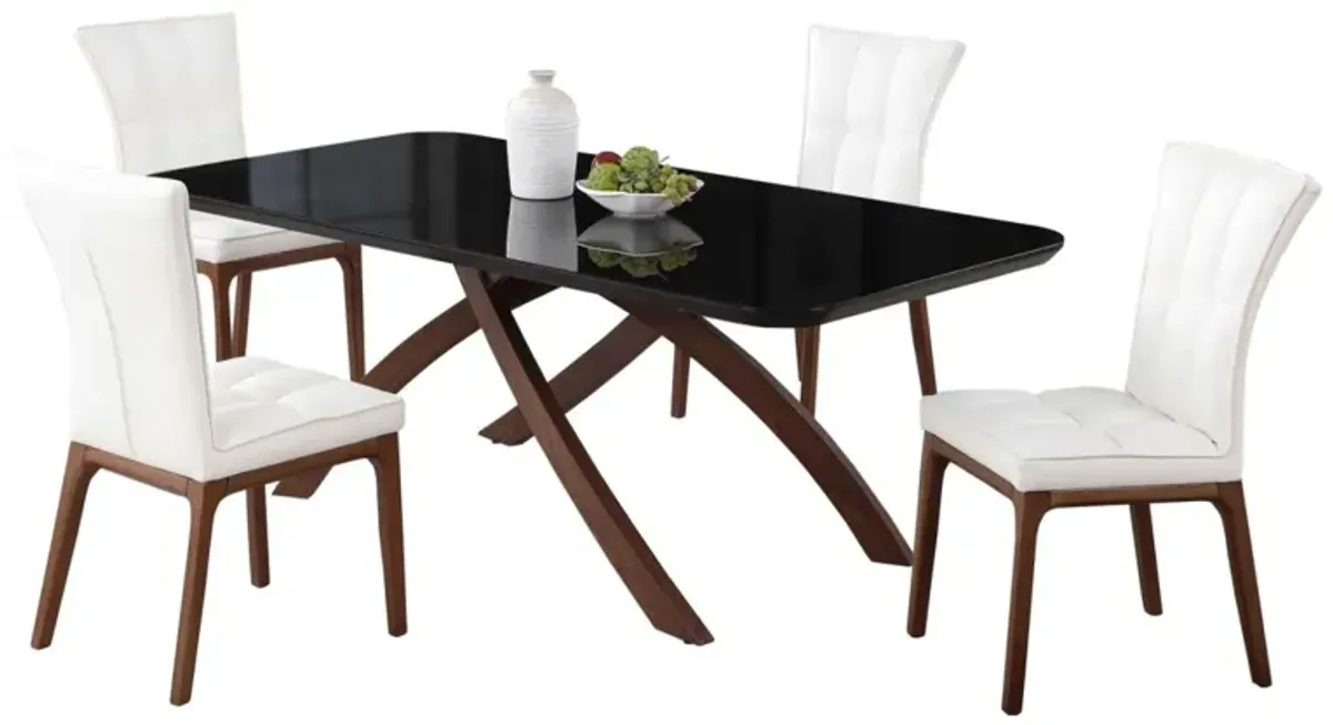 Chintaly Emily White Dining Set with Black Glass Table & Tufted Solid Wood Legged Chairs