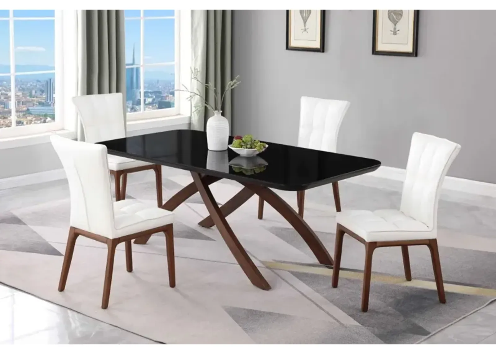 Chintaly Emily White Dining Set with Black Glass Table & Tufted Solid Wood Legged Chairs