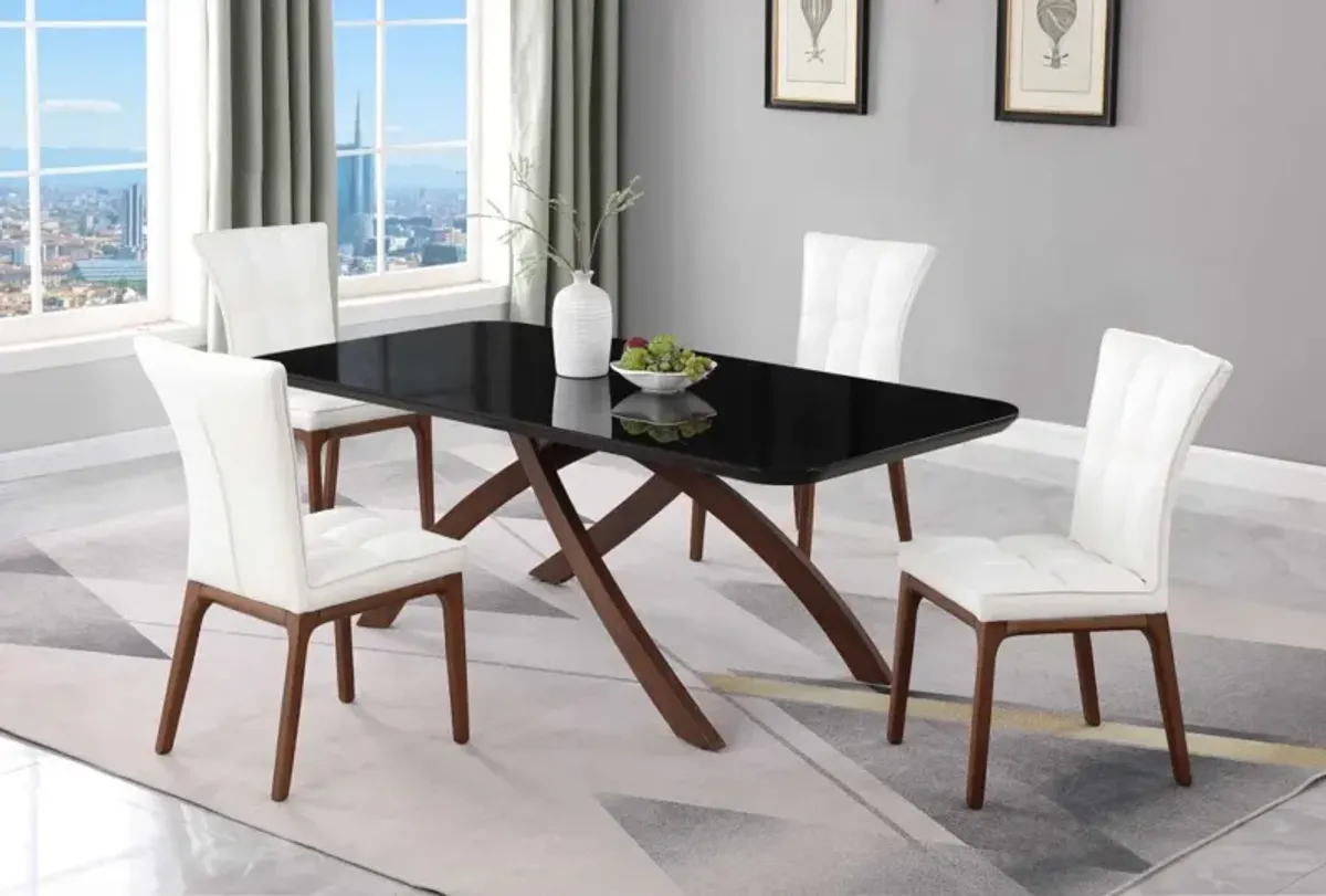 Chintaly Emily White Dining Set with Black Glass Table & Tufted Solid Wood Legged Chairs