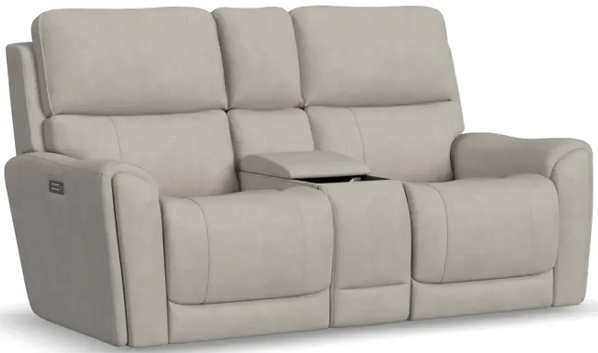 Flexsteel Carter Power Reclining Console Loveseat with Power Headrests & Lumbar in Dove Fabric