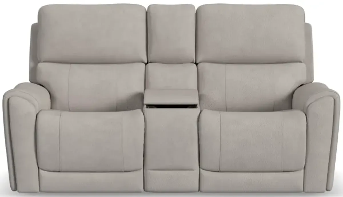 Flexsteel Carter Power Reclining Console Loveseat with Power Headrests & Lumbar in Dove Fabric