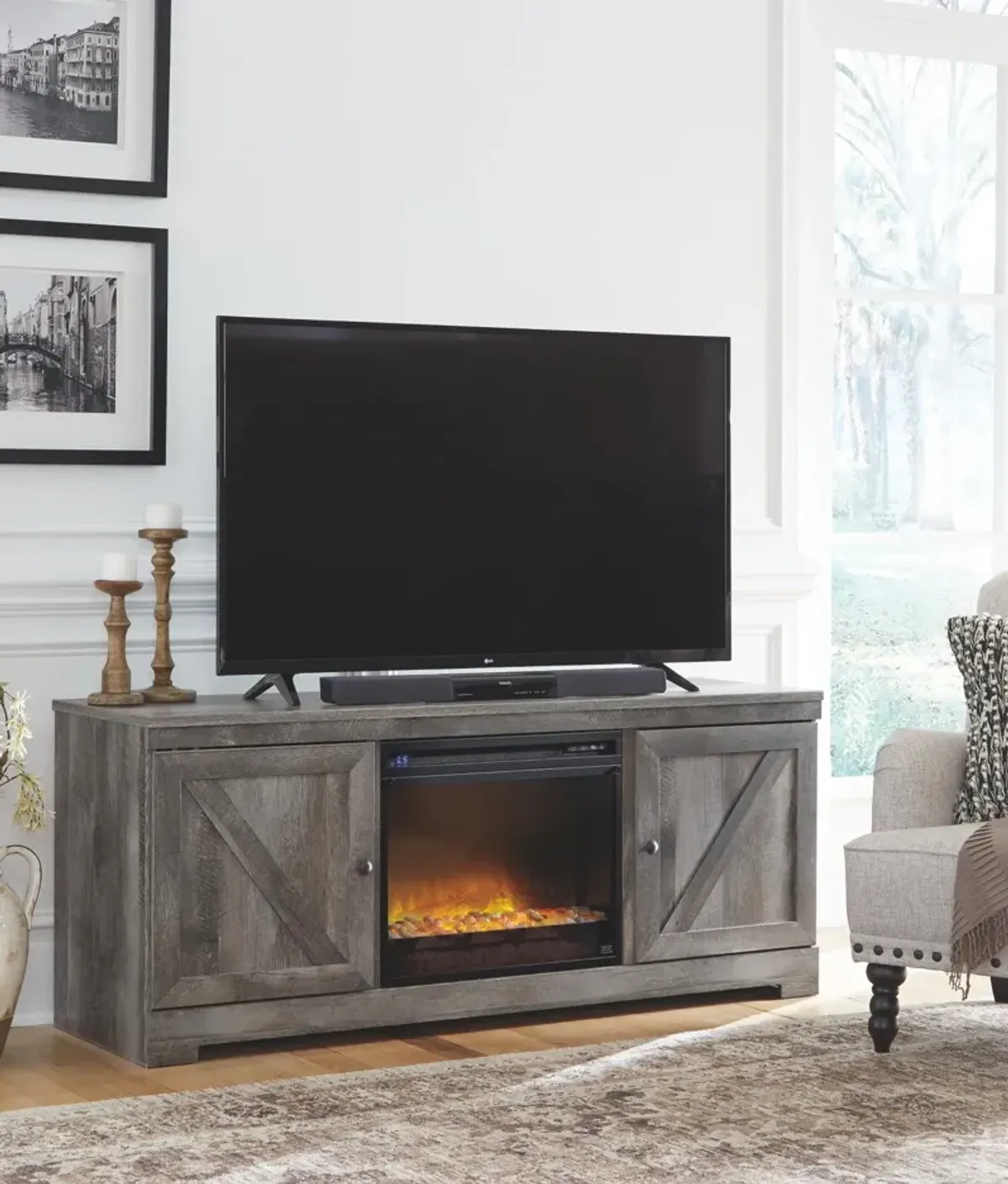 WYNNLOW 63" TV STAND WITH ELECTRIC FIREPLACE GRAY SIGNATURE DESIGN