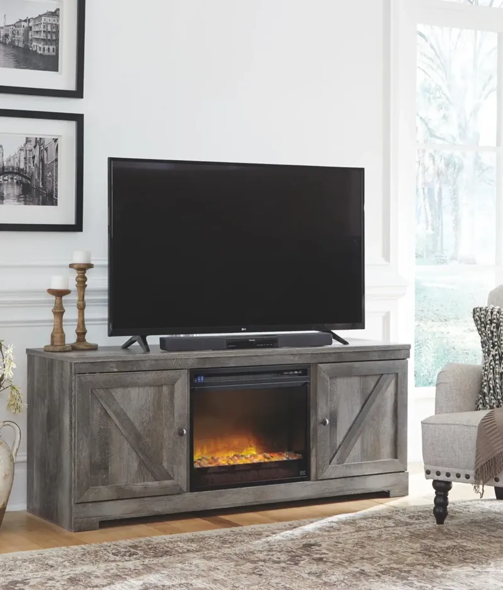 Ashley Wynnlow Gray 63 Inch TV Stand with Electric Fireplace 4608 BTU/1400W