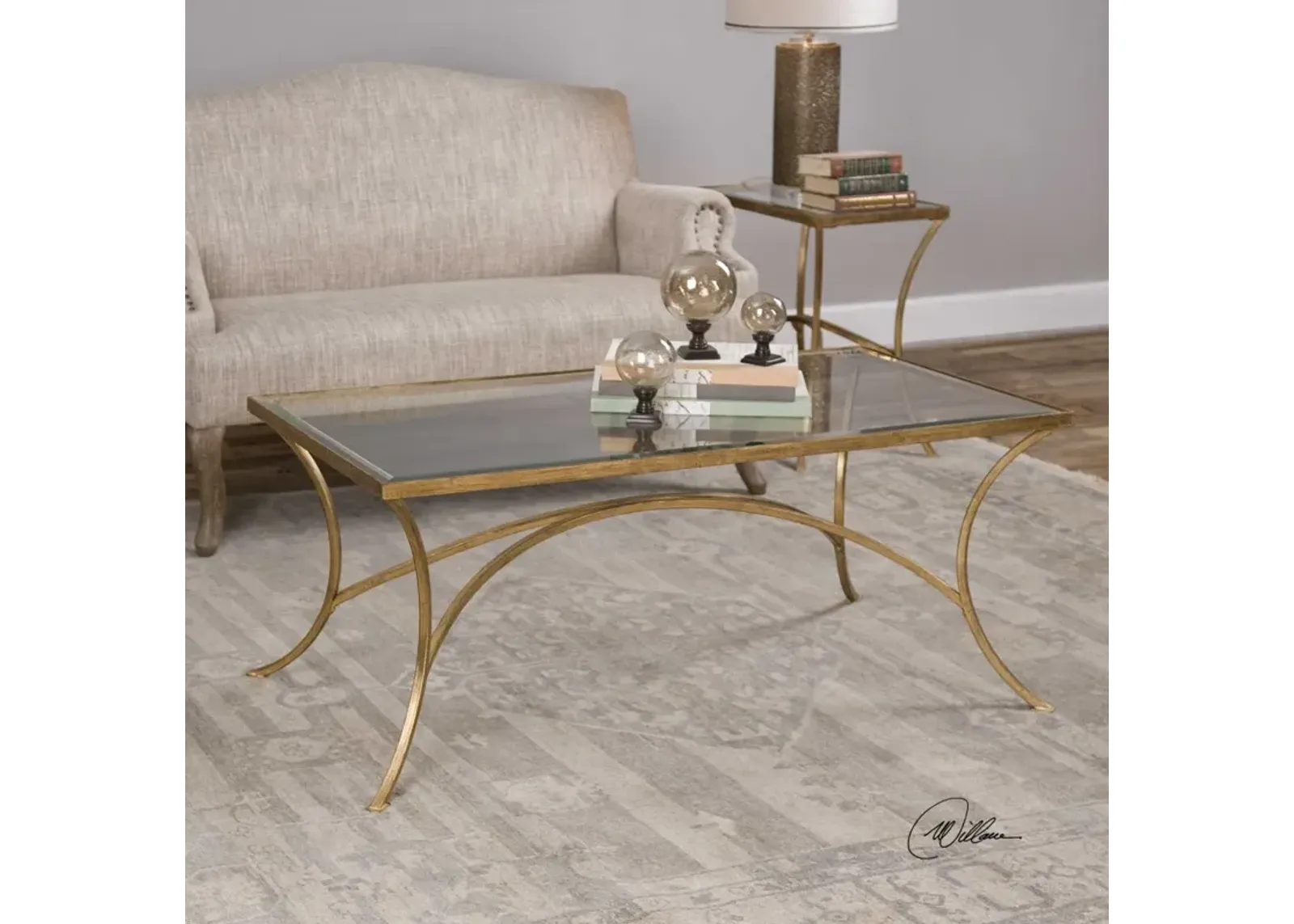 Uttermost Alayna Glass Coffee Table with Antique Gold Leaf Finish