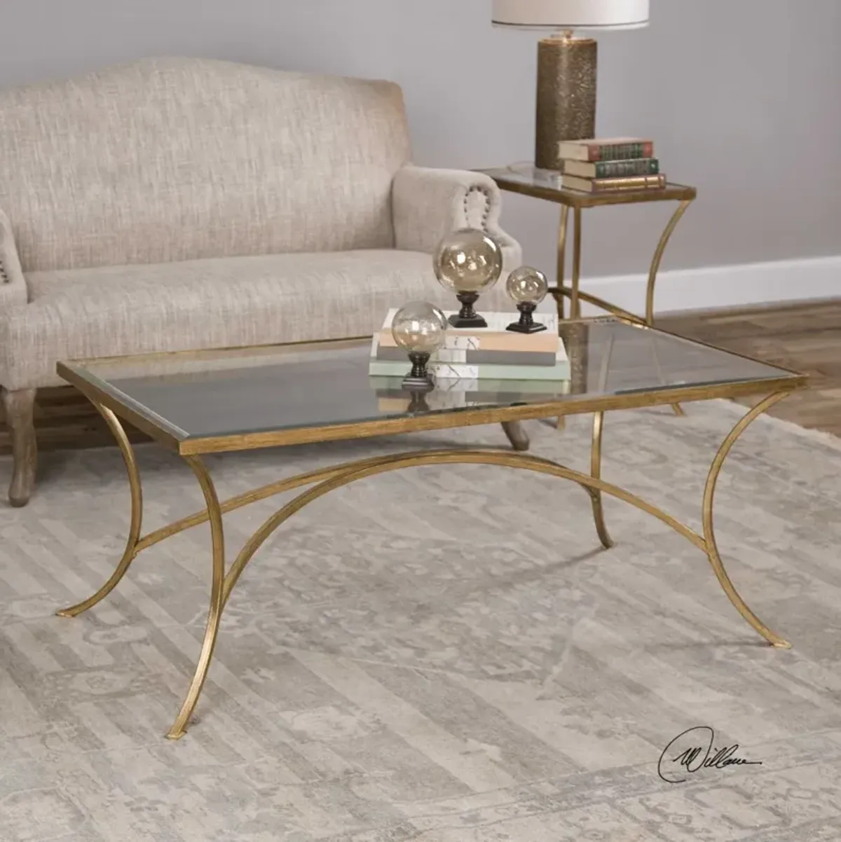 Uttermost Alayna Glass Coffee Table with Antique Gold Leaf Finish