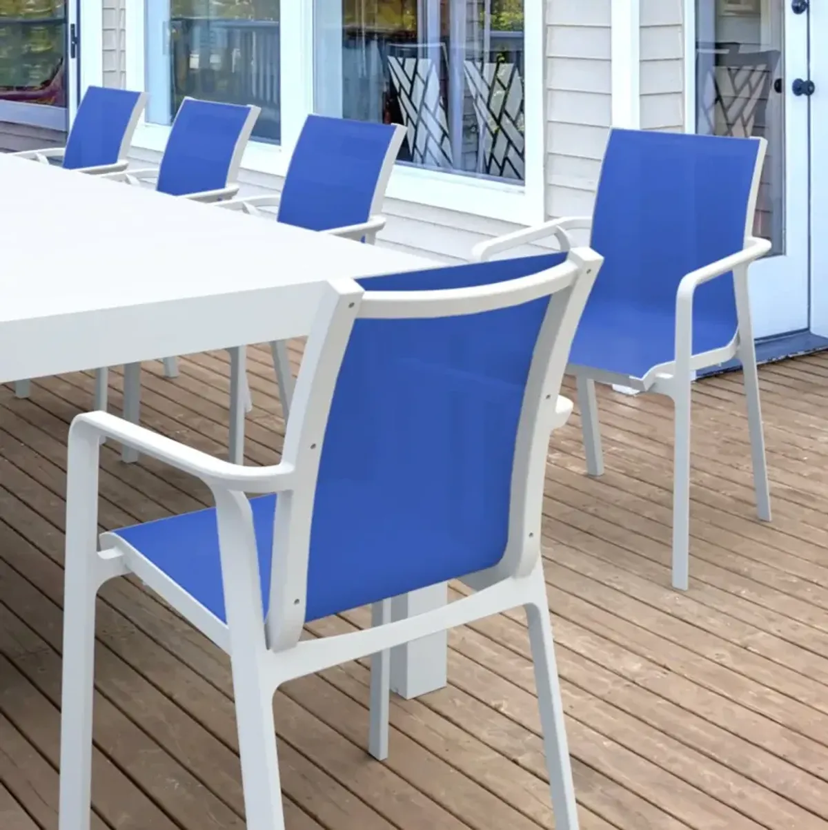 Compamia Pacific 11-Piece Outdoor Dining Set with Extension Table & Sling Arm Chairs White Frame Blue Sling