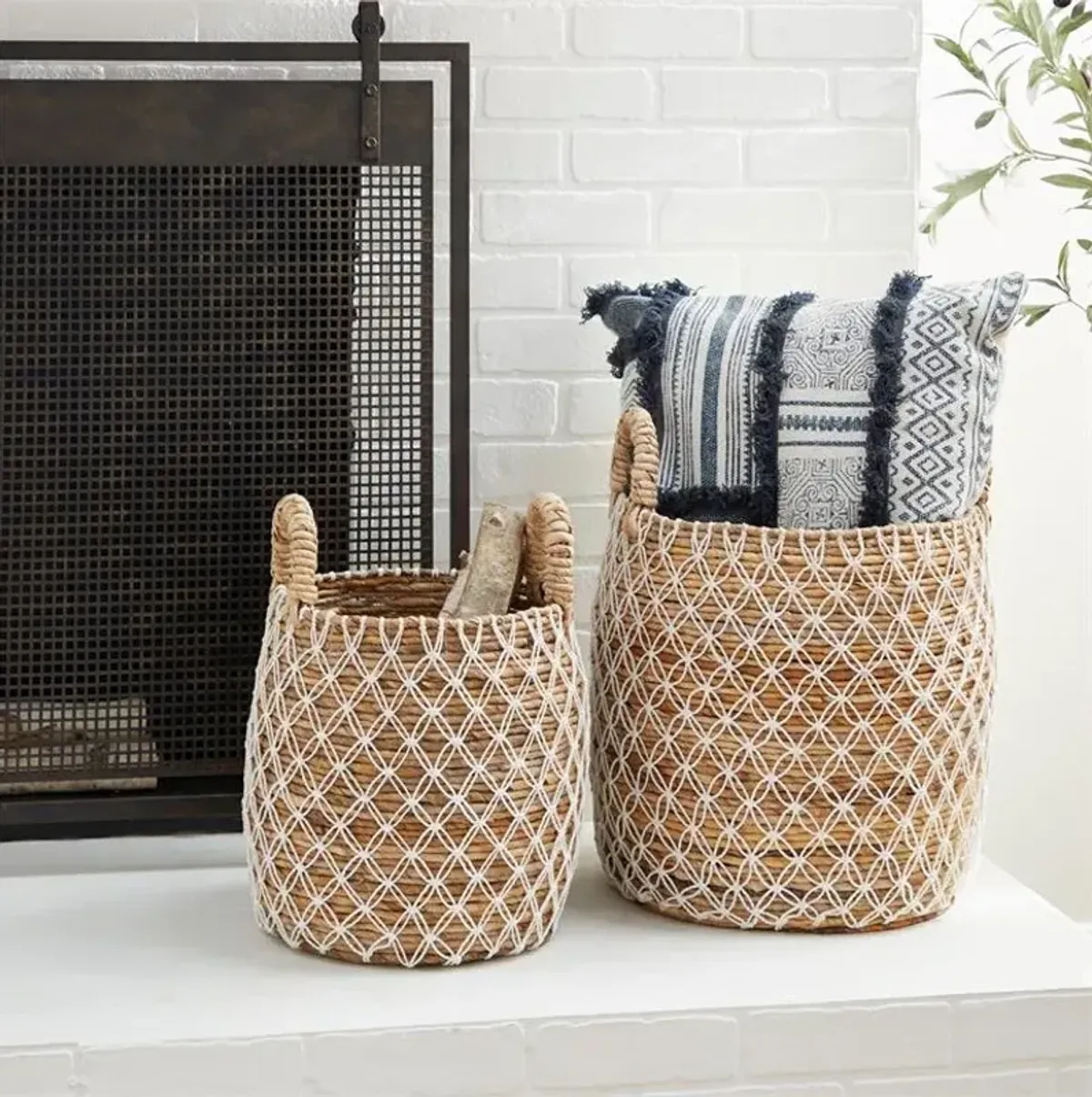 UMA Home Decor Brown Banana Leaf Handmade String Detail Storage Basket with Handles, Set of 2