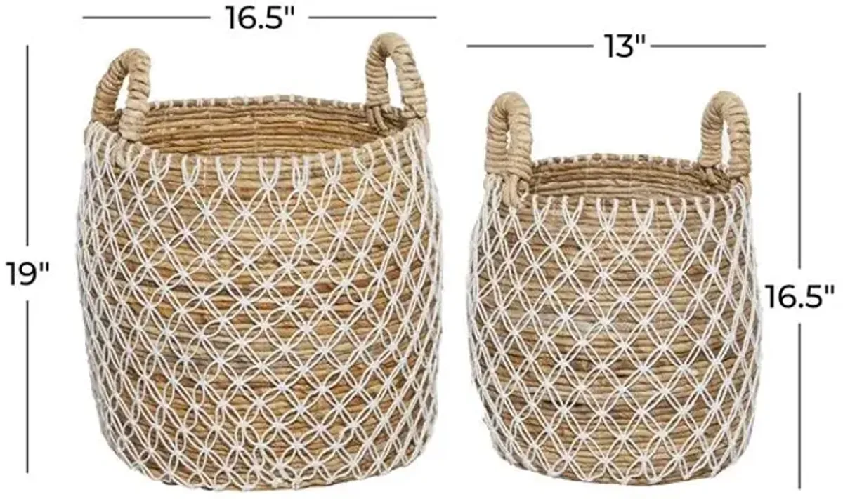 UMA Home Decor Brown Banana Leaf Handmade String Detail Storage Basket with Handles, Set of 2