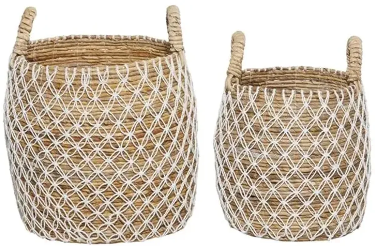 UMA Home Decor Brown Banana Leaf Handmade String Detail Storage Basket with Handles, Set of 2