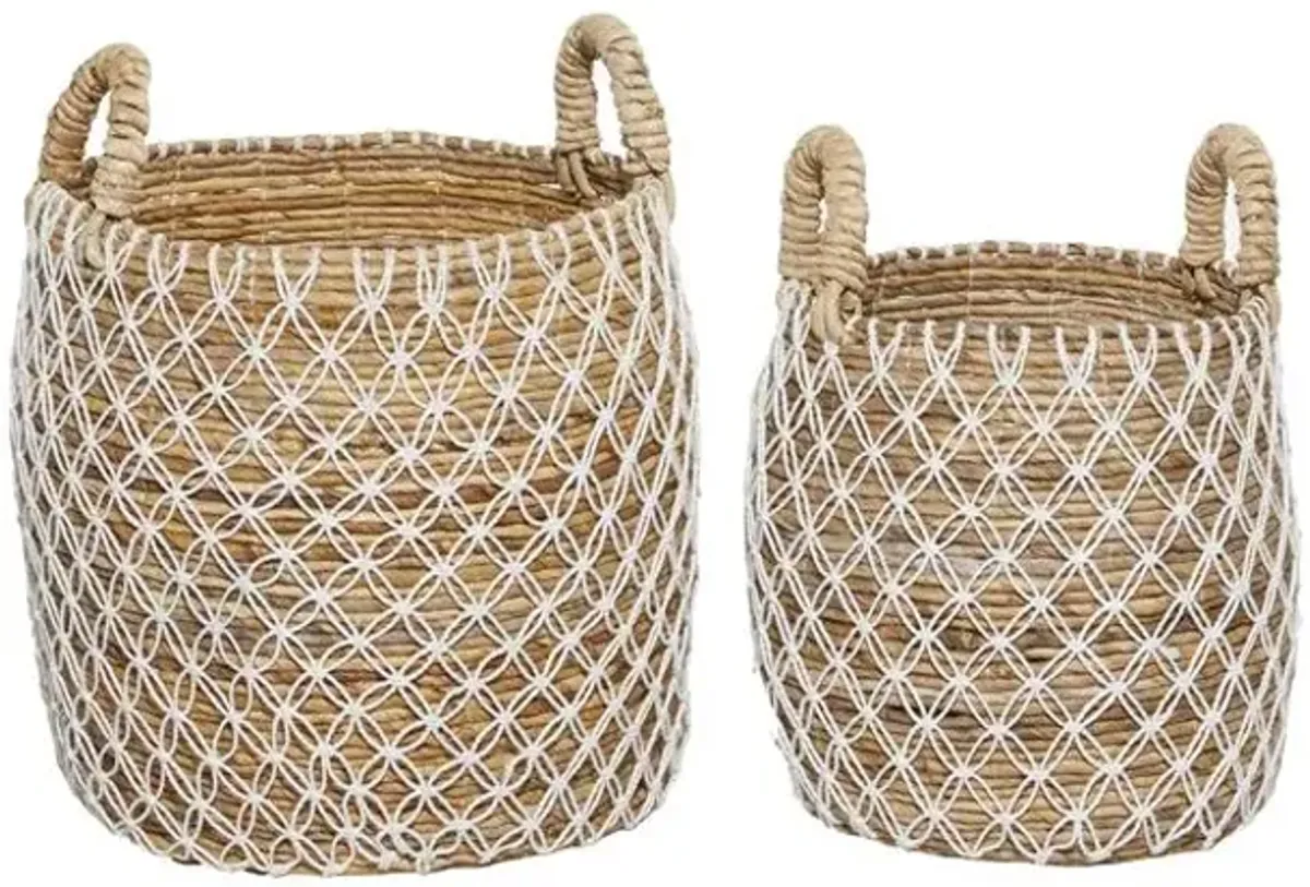 UMA Home Decor Brown Banana Leaf Handmade String Detail Storage Basket with Handles, Set of 2