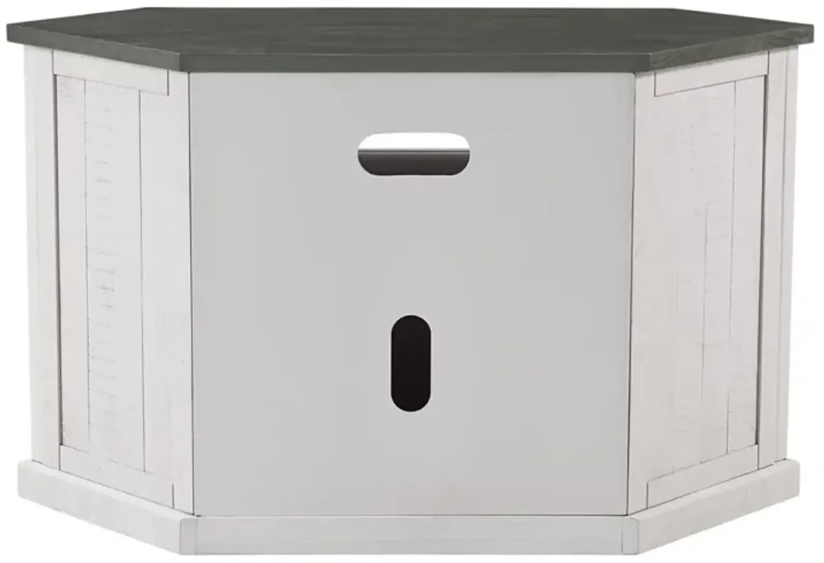 Martin Svensson Rustic Corner TV Stand in White Stain with Grey Top