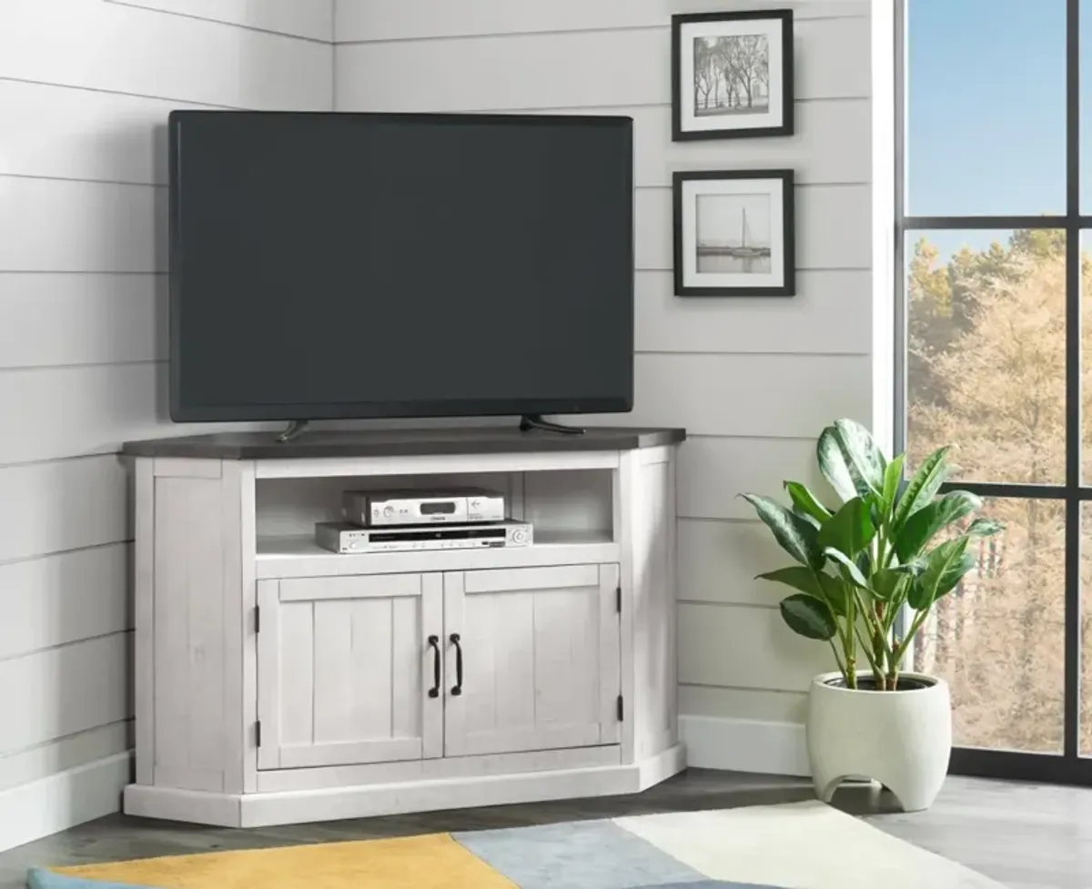 Martin Svensson Rustic Corner TV Stand in White Stain with Grey Top