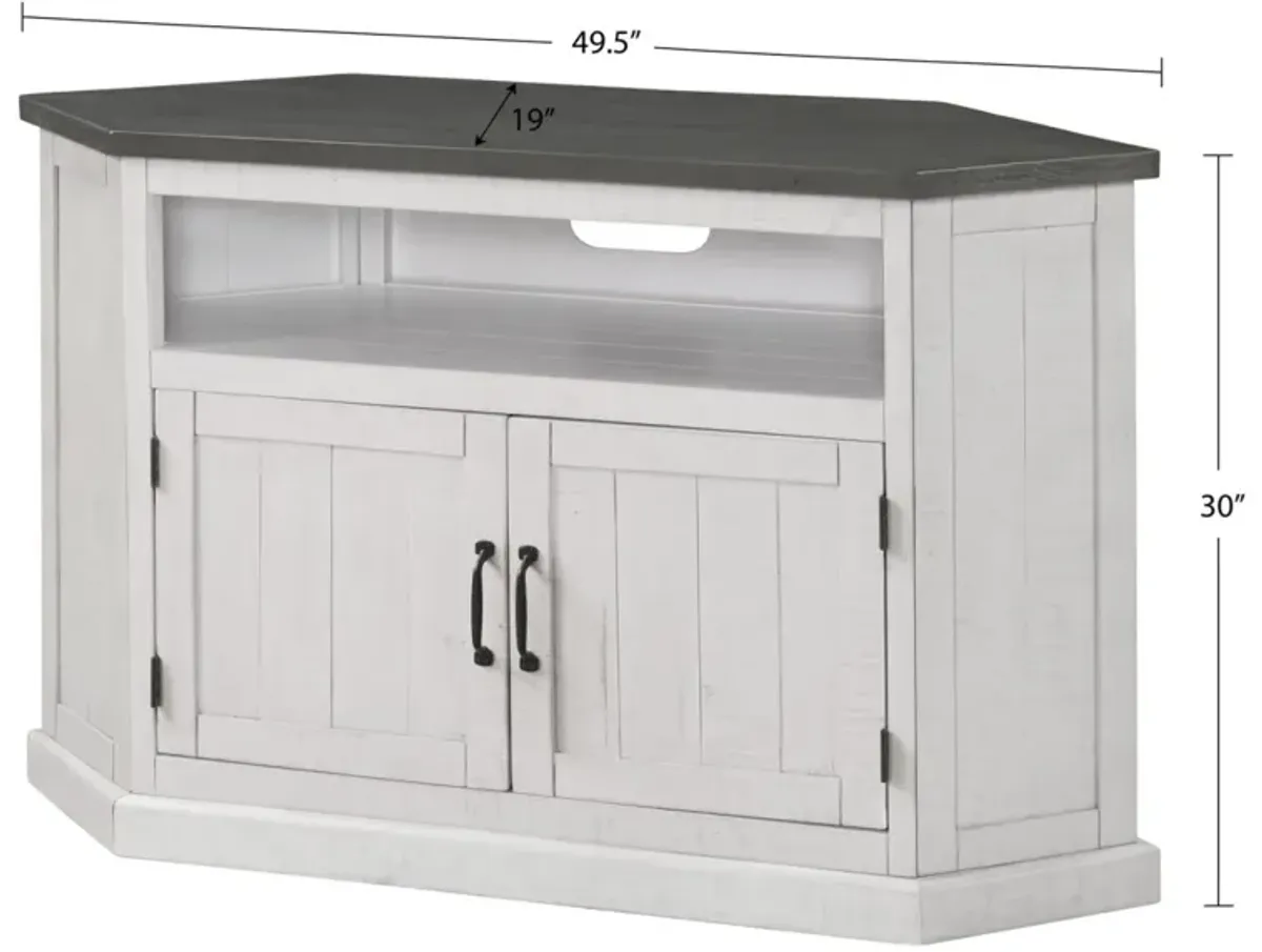 Martin Svensson Rustic Corner TV Stand in White Stain with Grey Top