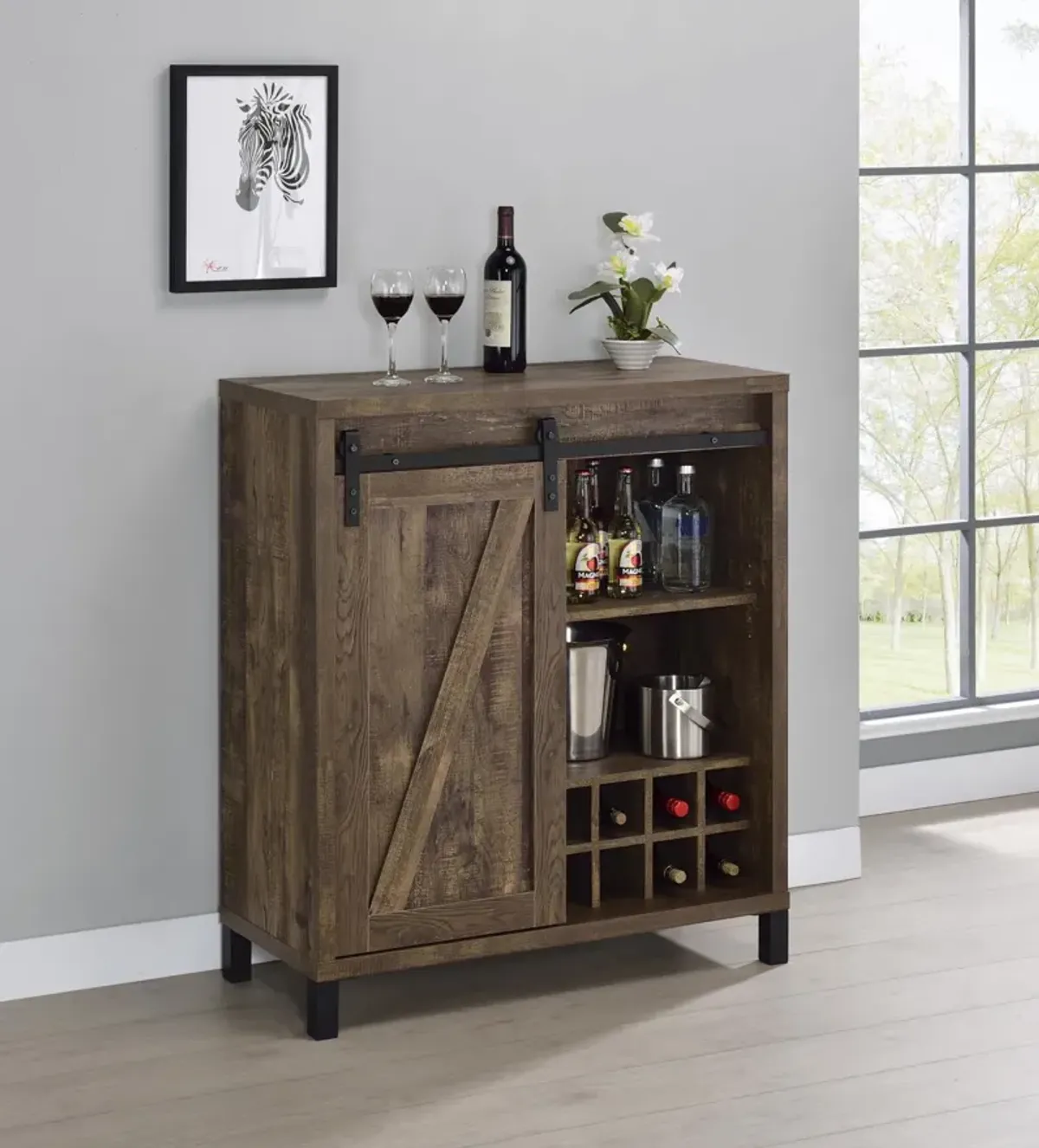 Coaster Arlington Sliding Door Home Bar Wine Cabinet Rustic Oak