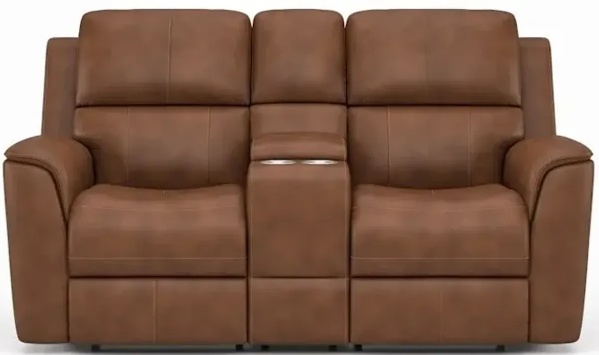 Flexsteel Henry Caramel Leather Triple Power Reclining Console Loveseat