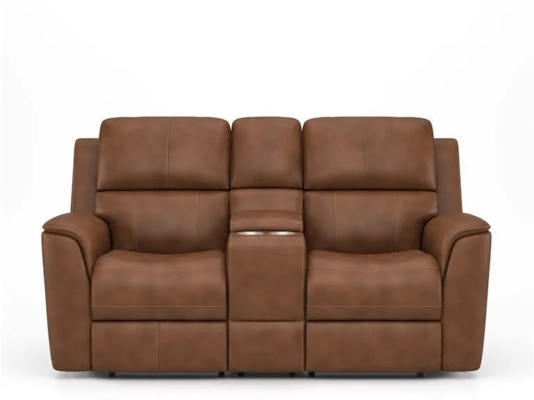 HENRY LEATHER TRIPLE PWR RECL CONSOLE LOVESEAT IN CARAMEL 946-72