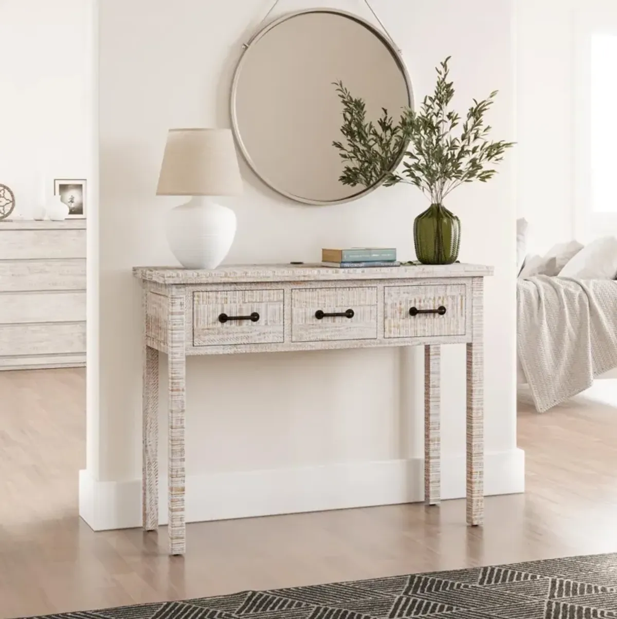 North Coast 3-Drawer Accent White Wash Console Accent Table